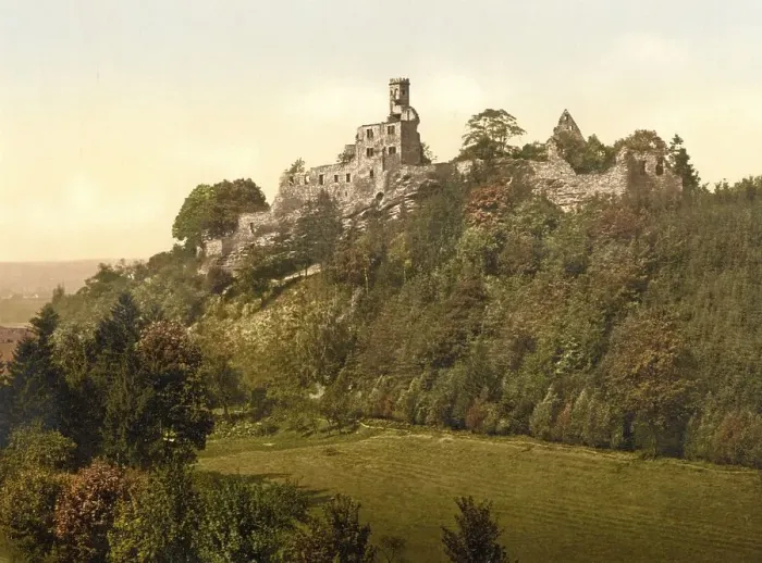 Framed Print : Hardenberg Castle is the ruin of a rock castle on a rocky hilltop with steeply sloping rock walls near