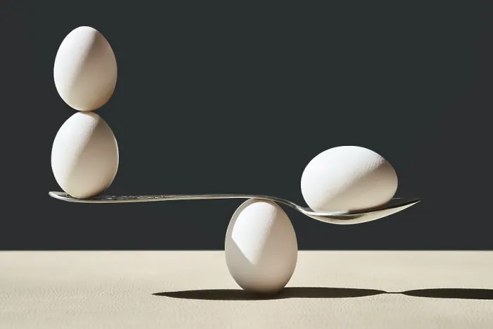 Framed Print : Harmony and balance concept. Balanced eggs on spoon over white black background