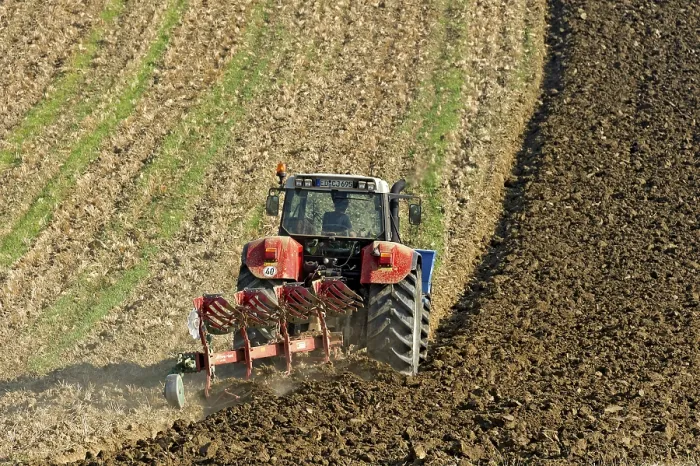 Framed Print : Harvested grain field being turned into a field by Steyr tractor with plough