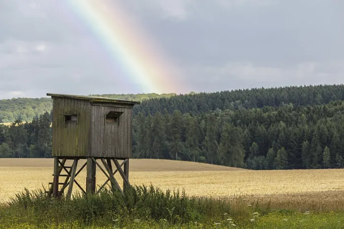 Framed Print : Harz landscape shot with rainbow