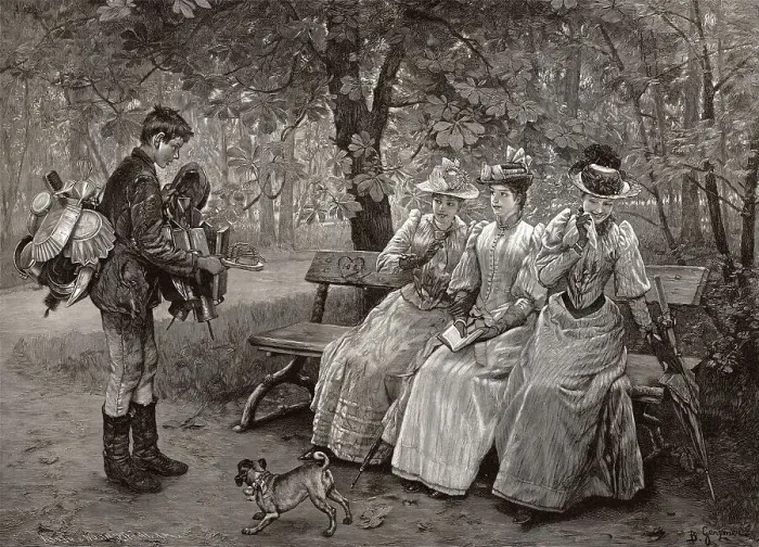 Framed Print : A hawker offering his range to three ladies Framed Print : A hawker offering his range to three ladies