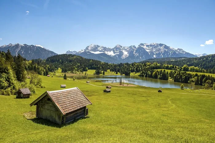 Framed Print : Hay barn in a meadow at Geroldsee