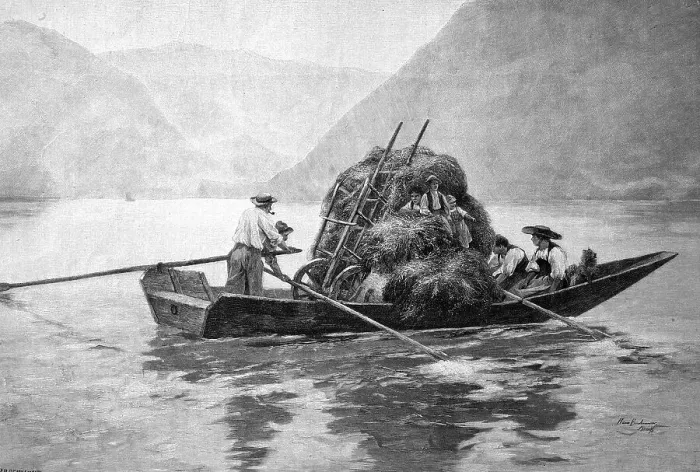 Framed Print : Hay harvest with the boat, The hay is brought home