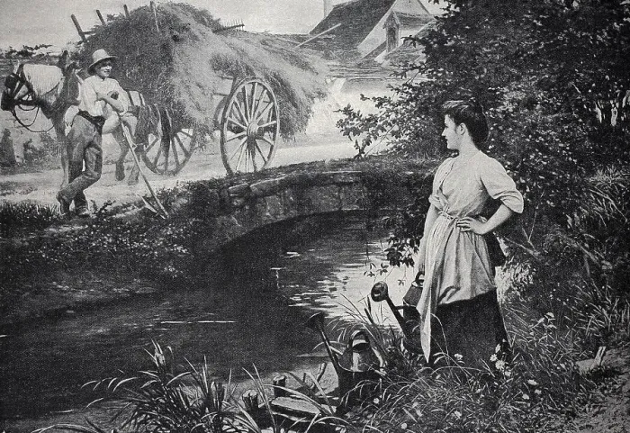 Framed Print : At the hay harvest, farmer with a team of hay flirts with a girl fetching water from the stream Framed Print : At the hay harvest, farmer with a team of hay flirts with a girl fetching water from the stream