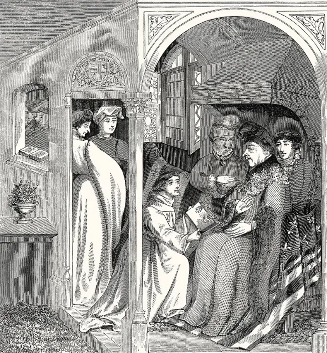 Framed Print : Hayton of Corycus gives the book ‚Livre des merveilles du monde to John the Fearless