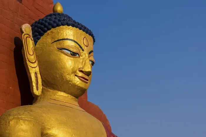 Framed Print : Head of a Buddha sculpture at Swayambhu Temple