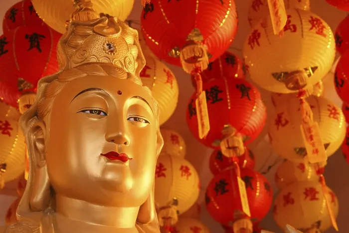 Framed Print : Head of golden Budda in Kek Lok Si temple in Malaysia