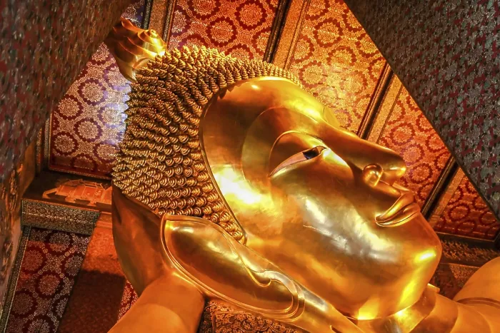 Framed Print : Head of the Reclining Budda in a temple in Bangkok