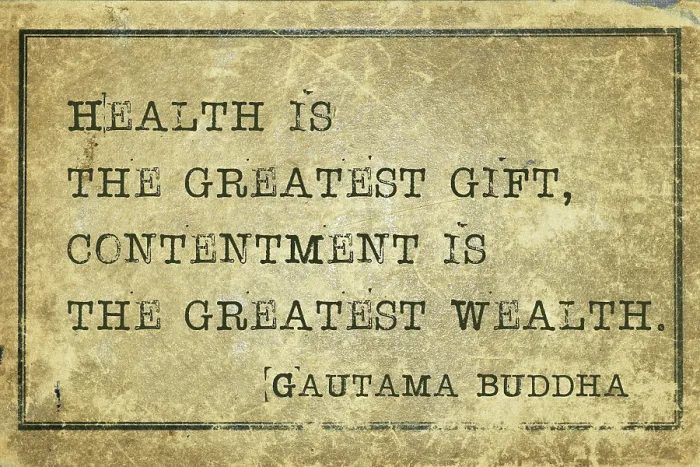 Framed Print : Health is the greatest gift - famous Buddha quote printed on grunge vintage cardboard
