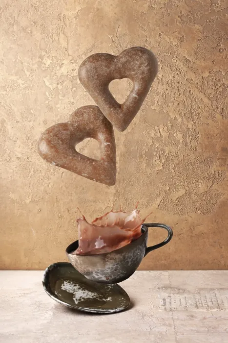Framed Print : Heart shaped gingerbread cookies flying over coffee cup with splashes Framed Print : Heart shaped gingerbread cookies flying over coffee cup with splashes