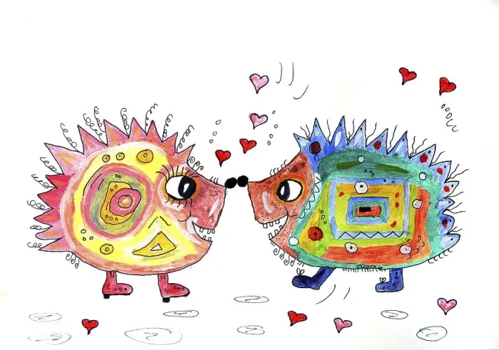 Framed Print : Two hedgehogs in love, naive painting