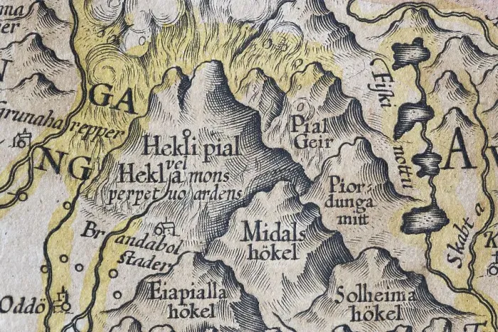 Framed Print : Hekla Volcano, Iceland, hand-coloured Iceland copperplate engraving by Gerhard Mercator