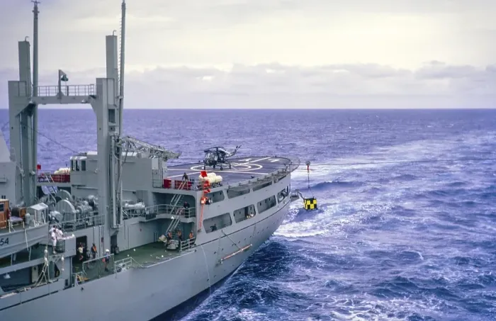 Framed Print : Helicopter on deck, aft end RFA Lyness ship in Atlantic Ocean, Royal Navy, slide dated April 1972
