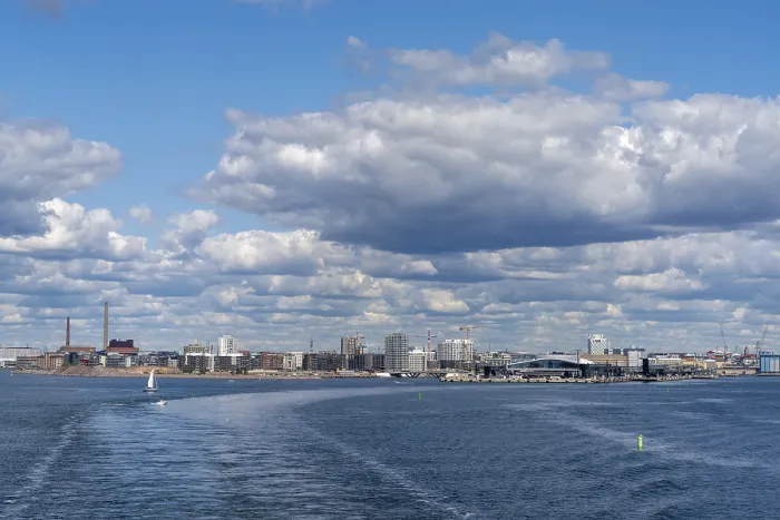 Framed Print : Helsinki, Finland: 5 August, 2021: view of the skyline of downtown Helsinki and the ferry harbor