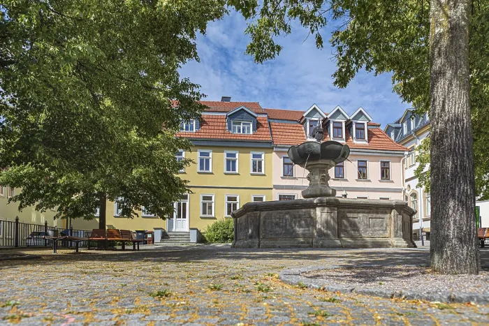 Framed Print : Hennebrunnen fountain on the market square in Ilmenau