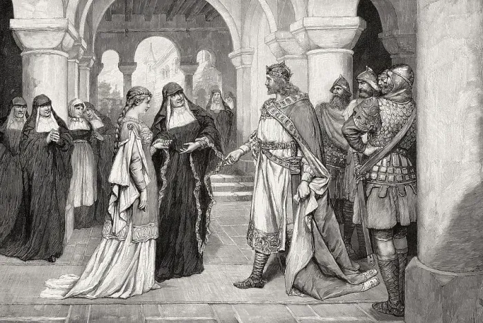 Framed Print : Henry the Fowler making a marriage proposal to Saint Matilda at Herford Abbey Framed Print : Henry the Fowler making a marriage proposal to Saint Matilda at Herford Abbey