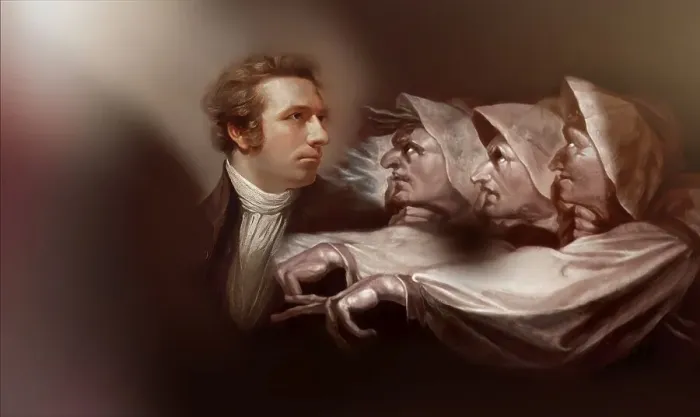 Framed Print : Henry Fuseli or Johann Heinrich Fuessli, 1741 - 1825, Swiss painter, draughtsman and writer, digitally edited after Northcote, 1778, Prophecy from the witches, scene from The Tragedy of Macbeth by William Shakespeare