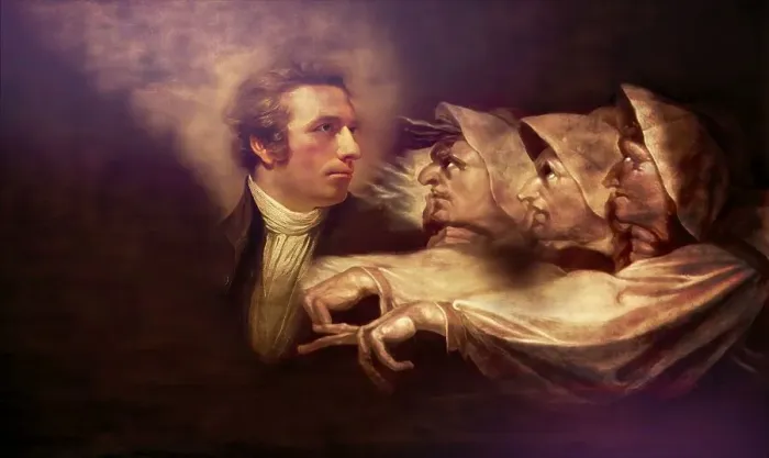 Framed Print : Henry Fuseli or Johann Heinrich Fuessli, 1741 - 1825, Swiss painter, draughtsman and writer, digitally edited after Northcote, 1778, Prophecy from the witches, scene from The Tragedy of Macbeth by William Shakespeare