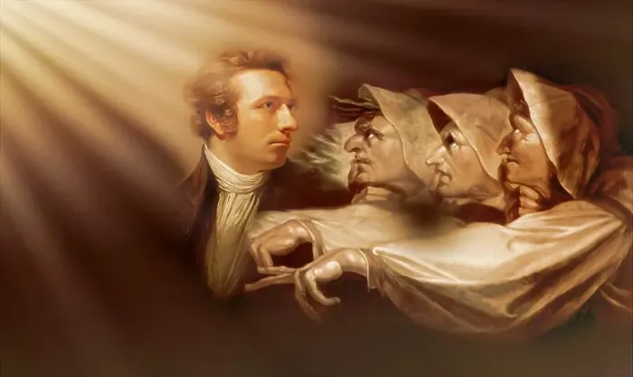 Framed Print : Henry Fuseli or Johann Heinrich Fuessli, 1741 - 1825, Swiss painter, draughtsman and writer, digitally edited after Northcote, 1778, Prophecy from the witches, scene from The Tragedy of Macbeth by William Shakespeare