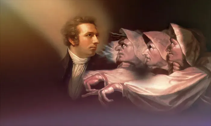 Framed Print : Henry Fuseli or Johann Heinrich Fuessli, 1741 - 1825, Swiss painter, draughtsman and writer, digitally edited after Northcote, 1778, Prophecy from the witches, scene from The Tragedy of Macbeth by William Shakespeare
