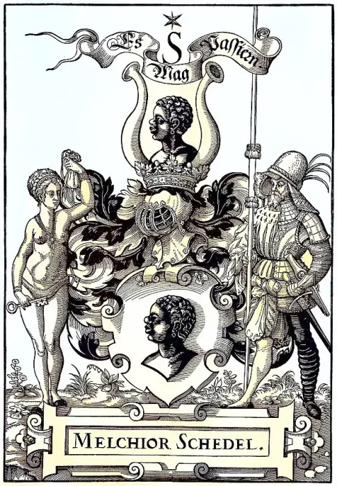 Framed Print : Heraldic of Melchior Schedel, showing a woman with girdle of chastity and key and a knight with fly of trousers Framed Print : Heraldic of Melchior Schedel, showing a woman with girdle of chastity and key and a knight with fly of trousers