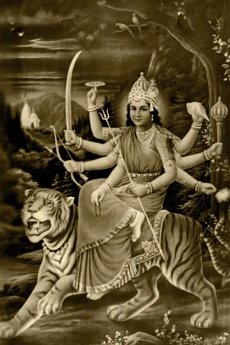 Framed Print : Heritage, old picture pos tcard, 1935 mythology Ambamata on tiger, Bombay Mumbai, Maharas htra, India, As ia