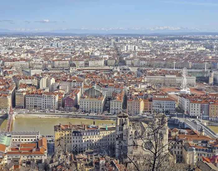 Framed Print : High-angle cityscape of Lyon from Fourviere hill with Saone river in the foreground