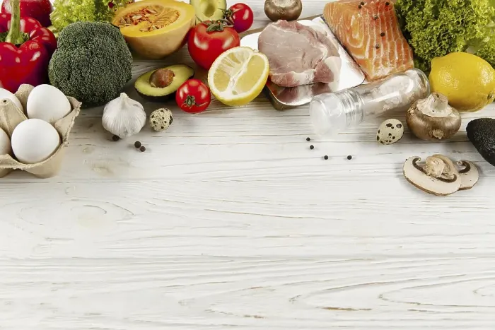 Framed Print : High angle vegetable ingredients meat with copy space Framed Print : High angle vegetable ingredients meat with copy space