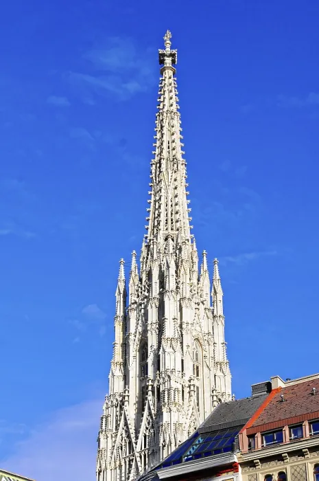Framed Print : High church tower of St Stephen's Cathedral in Vienna in front of a clear blue sky Framed Print : High church tower of St Stephen's Cathedral in Vienna in front of a clear blue sky