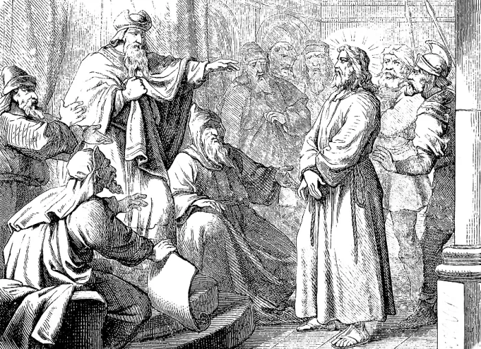 Framed Print : The High Priest Caiaphas interrogates Jesus
