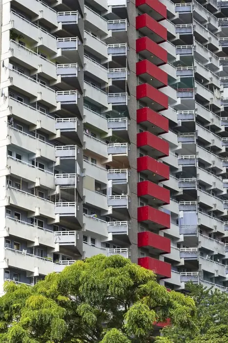 Framed Print : High-rise residential building with balconies and satellite dishes