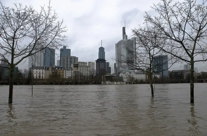 Framed Print : High water and view of the financial district