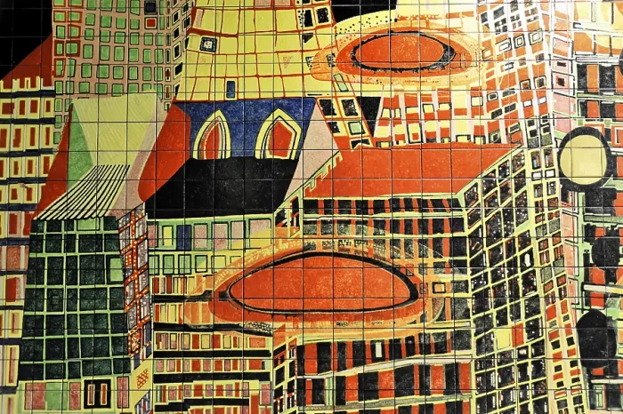 Framed Print : Highly detailed mosaic architecture with vivid colors and urban flair
