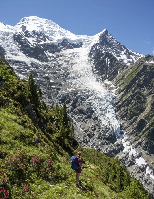 Framed Print : Hiker in front of glacier, hiking trail La Jonction Framed Print : Hiker in front of glacier, hiking trail La Jonction