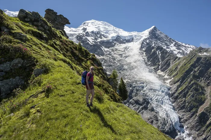Framed Print : Hiker in front of glacier, hiking trail La Jonction