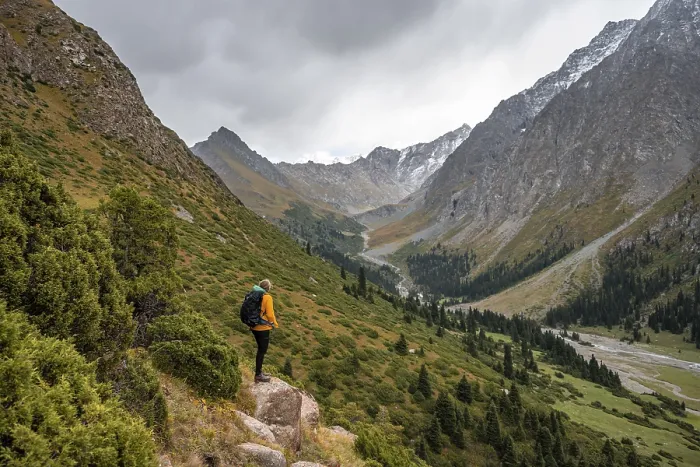 Framed Print : Hiker, Green Mountain Valley, Chong Kyzyl Suu Valley