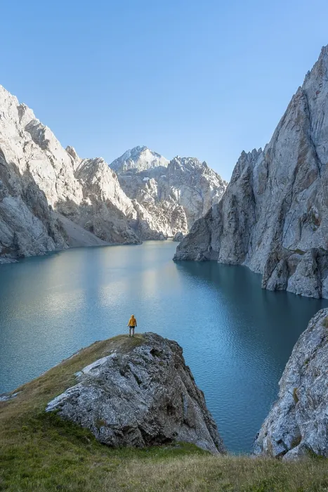 Framed Print : Hiker in front of Kol Suu Mountain Lake