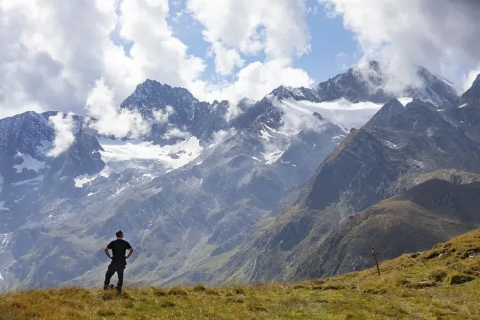 Framed Print : Hiker looking into the mountain massif of the Oetztal Alps in the rear Passeier Valley Framed Print : Hiker looking into the mountain massif of the Oetztal Alps in the rear Passeier Valley