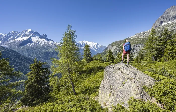 Framed Print : Hiker Looking at mountain panorama from Aiguillette des Posettes