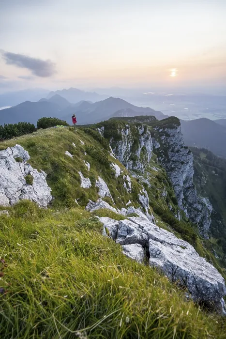 Framed Print : Hiker looking at mountains, Benediktenwand