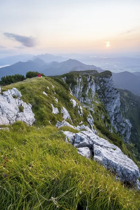 Framed Print : Hiker looking at mountains, Benediktenwand