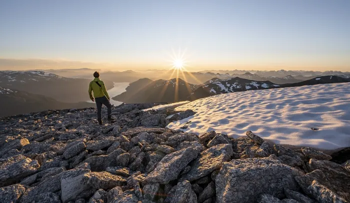 Framed Print : Hiker looking into the sunset, sun star Framed Print : Hiker looking into the sunset, sun star