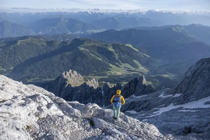 Framed Print : Hiker Looking down into the valley from the Hochkoenig