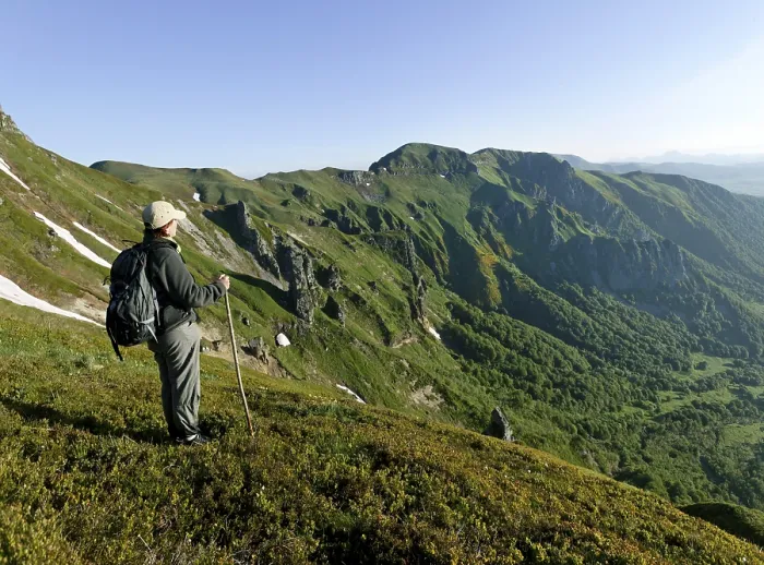 Framed Print : Hiker in the Massif du Sancy, Chaudefour valley Framed Print : Hiker in the Massif du Sancy, Chaudefour valley