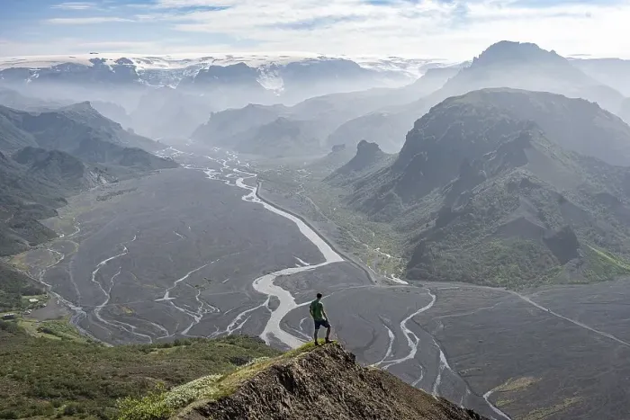 Framed Print : Hiker in front of mountain landscape