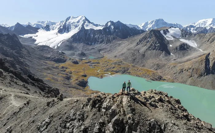 Framed Print : Hiker at the pass at 4000m, aerial view