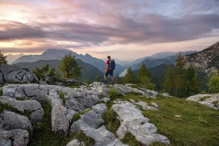 Framed Print : Hiker at the summit of Feldkogel