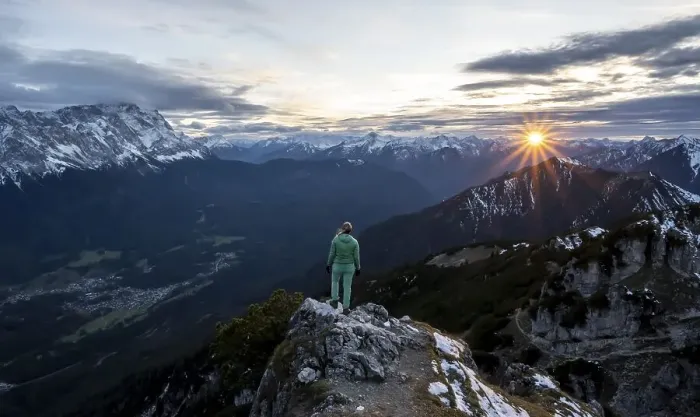 Framed Print : Hiker, sunset, Alpine panorama from the Kramerspitz
