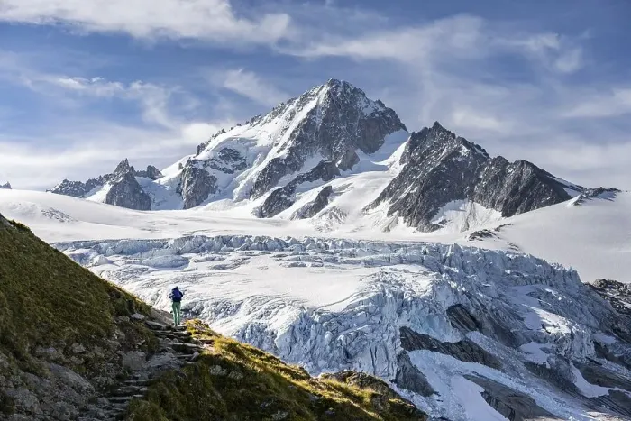 Framed Print : Hiker on trail to Glacier du Tour Framed Print : Hiker on trail to Glacier du Tour