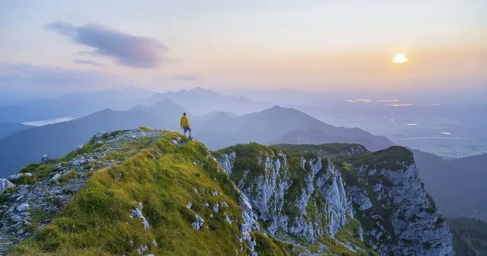 Framed Print : Hikers at the summit of the Benediktenwand at sunset
